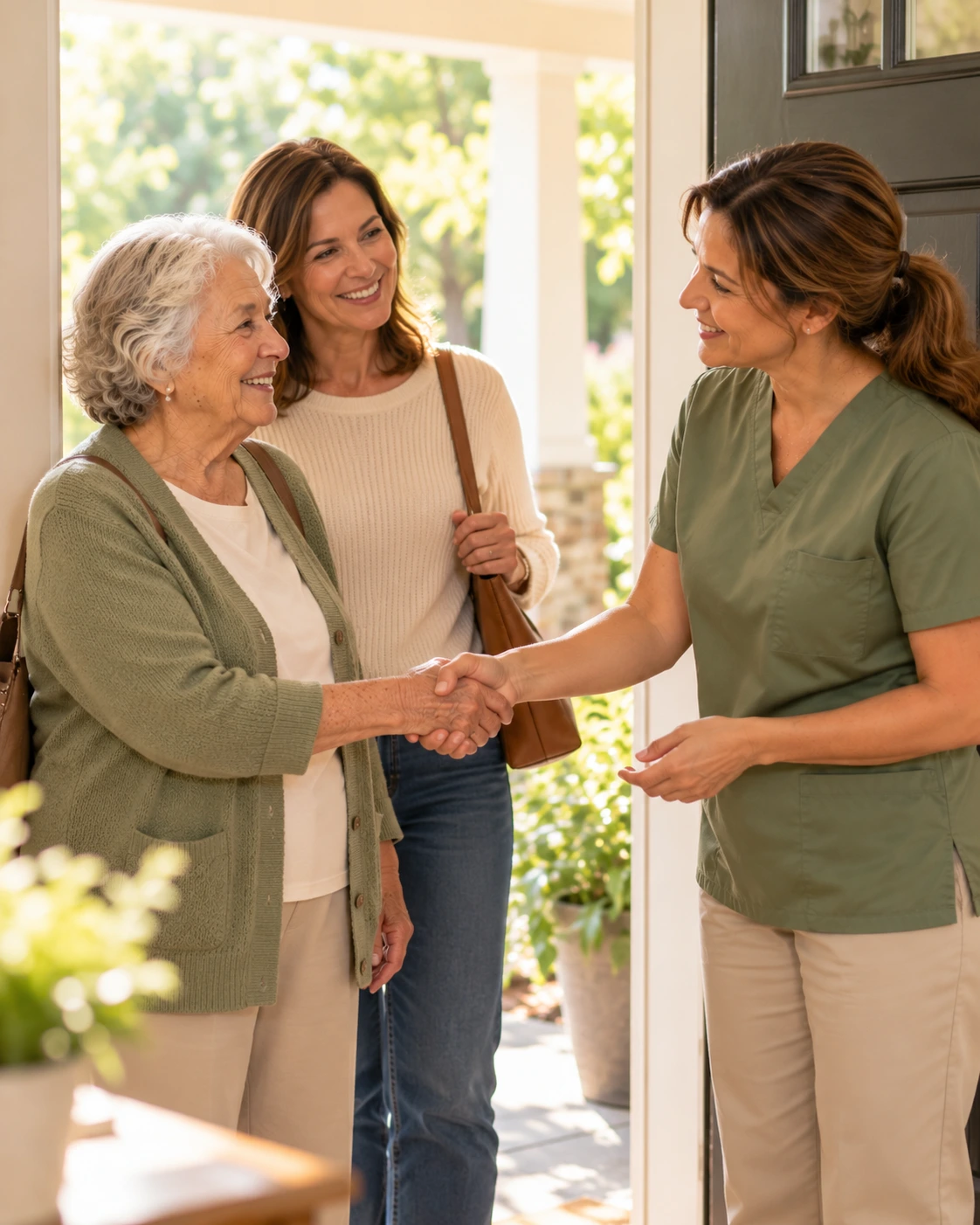 A caregiver warmly welcoming a senior resident and her daughter at the front door