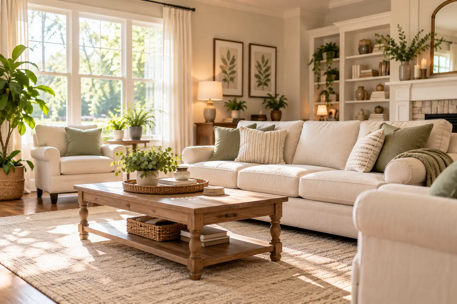 A bright, comfortable living room with cream sofas and natural light