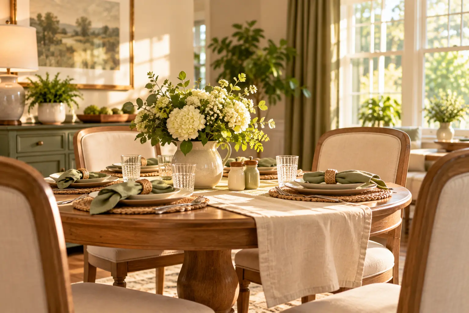 A cozy home dining area with a wooden table, fresh flowers and soft sunlight