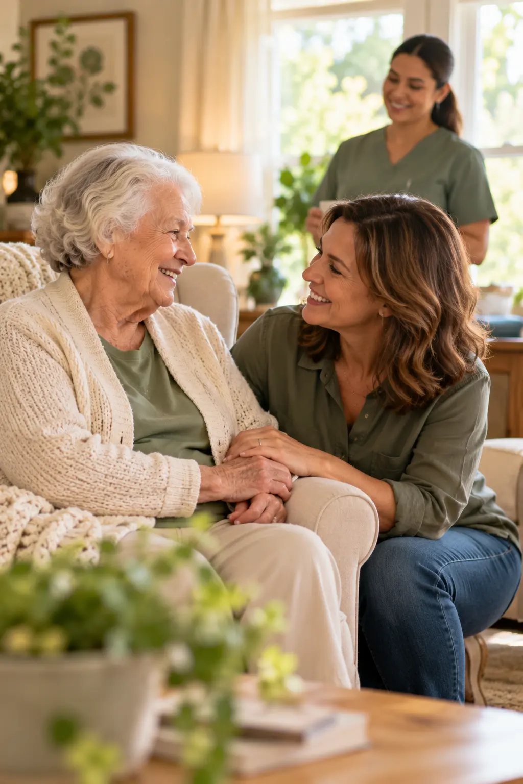 An adult daughter visiting her smiling elderly mother at home