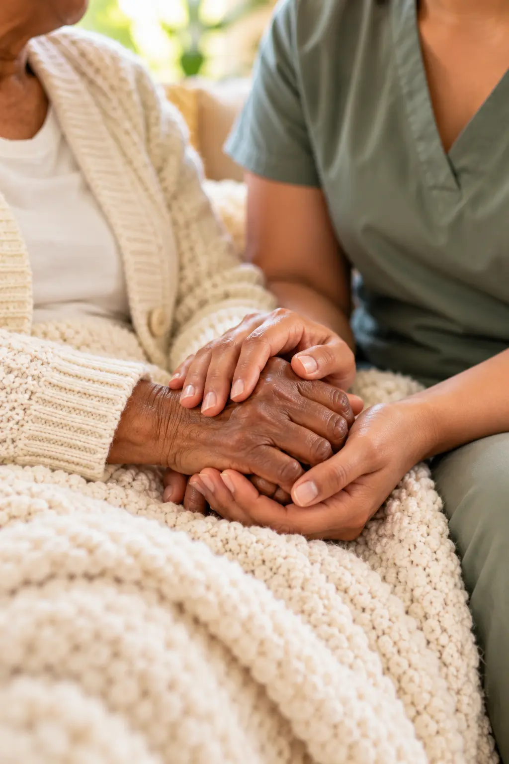 A caregiver gently holding a senior resident's hands