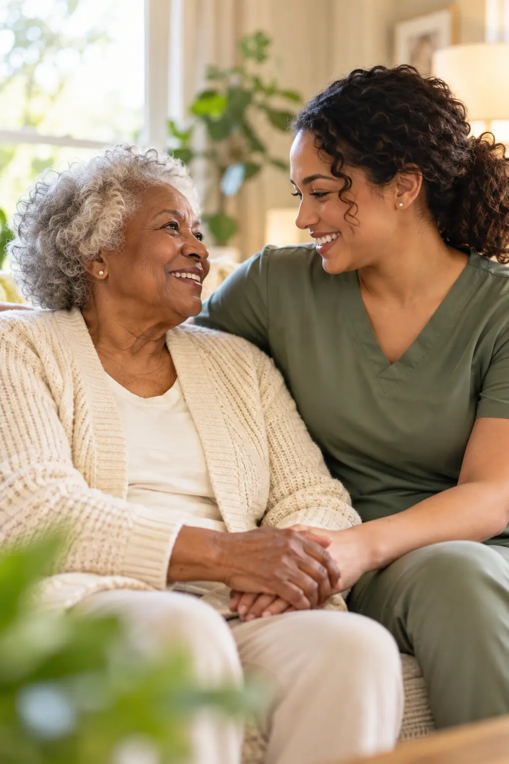 A senior resident and her caregiver holding hands and smiling together in a bright living room