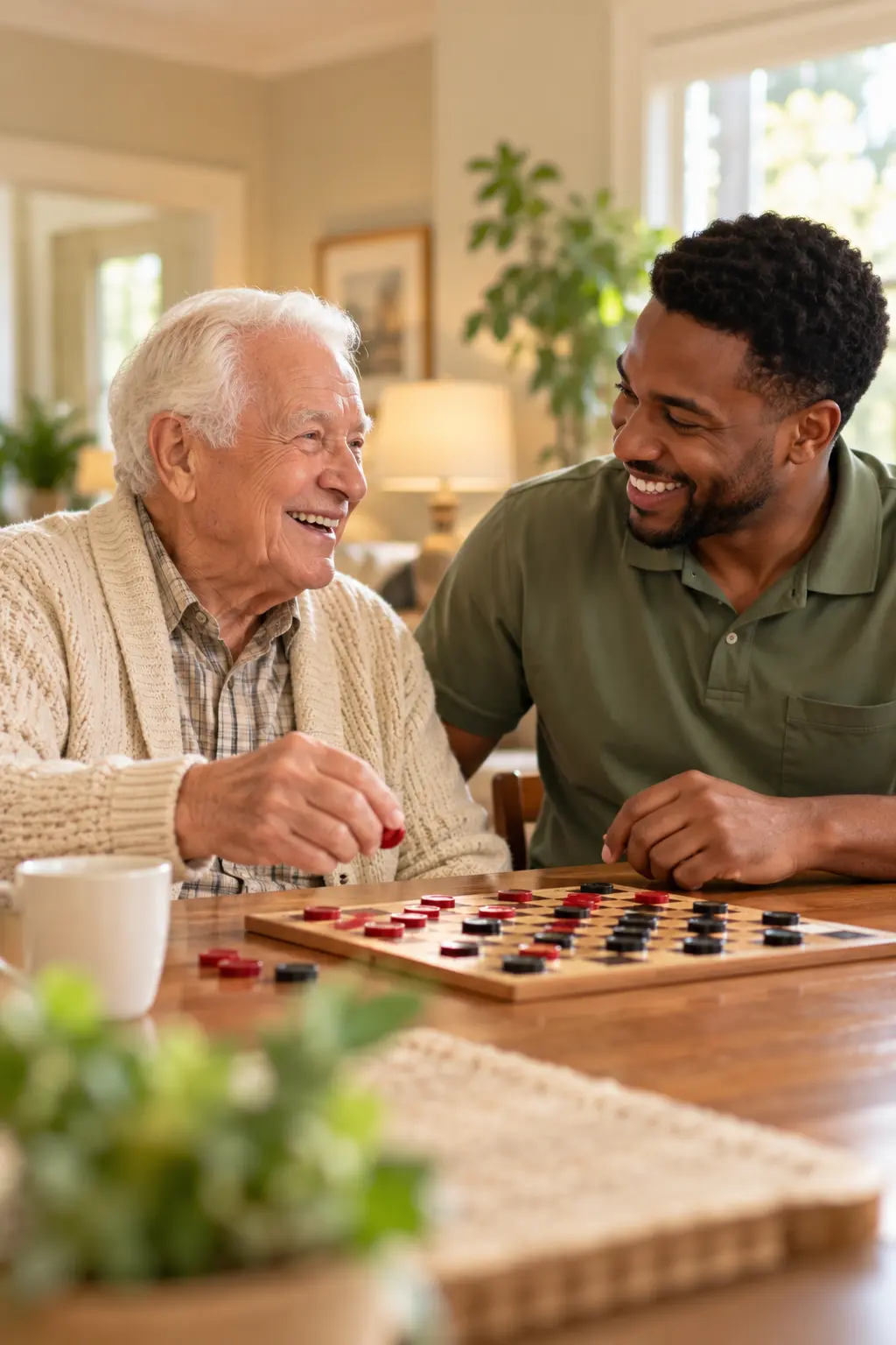A senior resident laughing with his caregiver over a board game at home