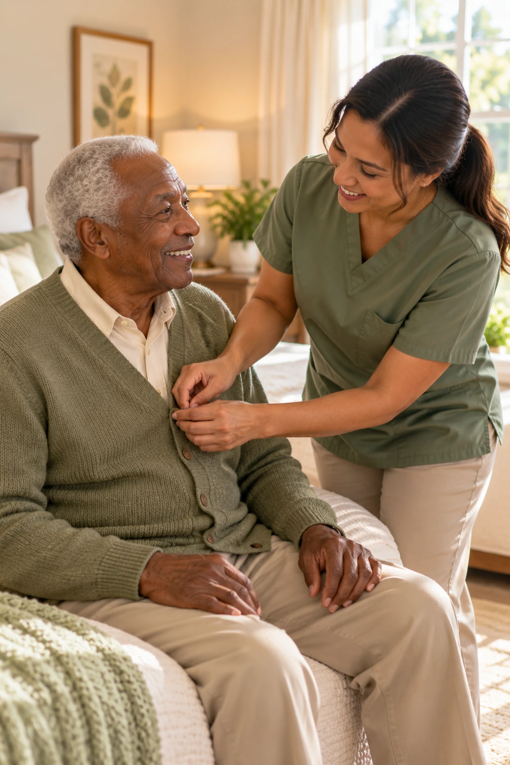 A caregiver gently helping a senior resident with his cardigan