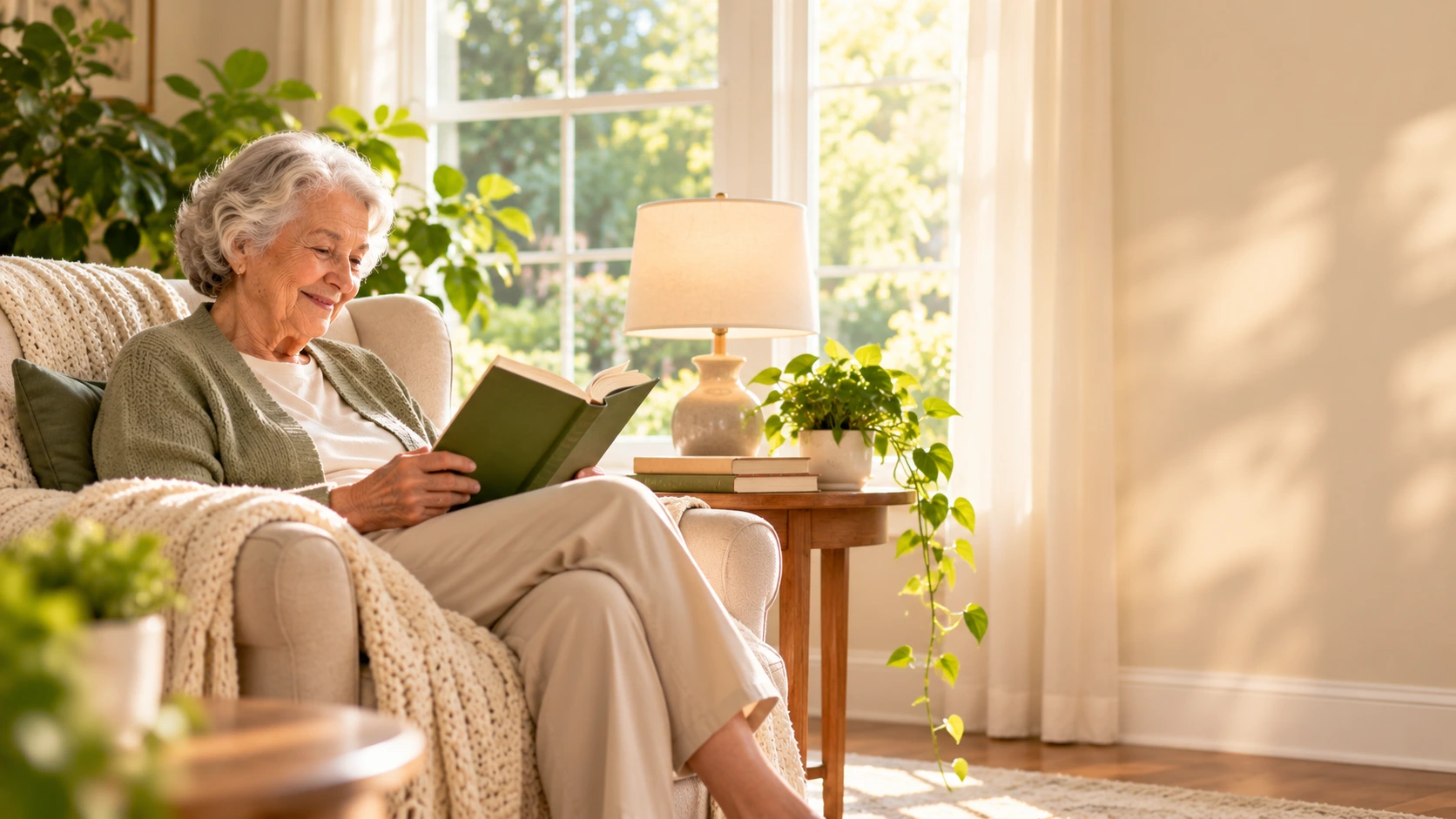 A peaceful, sunlit reading corner with a comfortable armchair