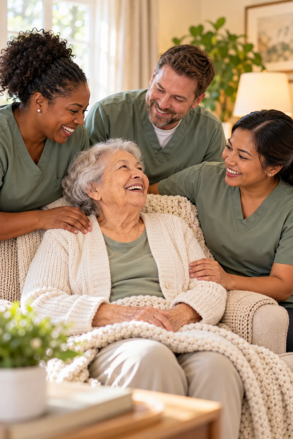 A team of caregivers sharing a warm laugh with a smiling senior resident in a bright living room