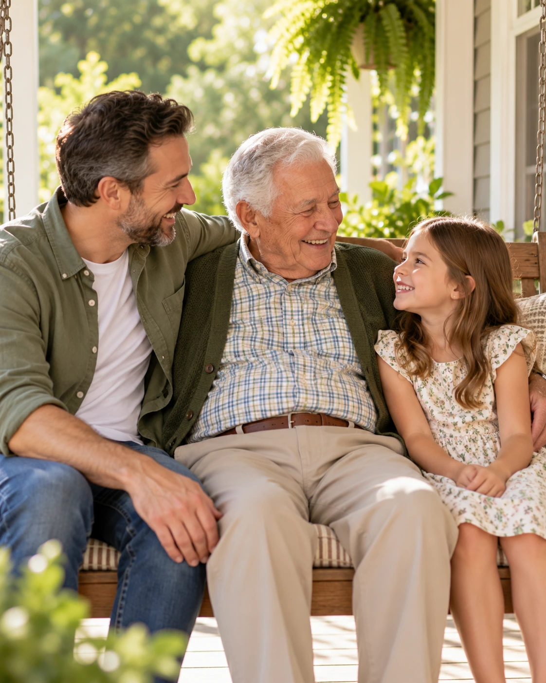 A family visiting their grandfather on the front porch