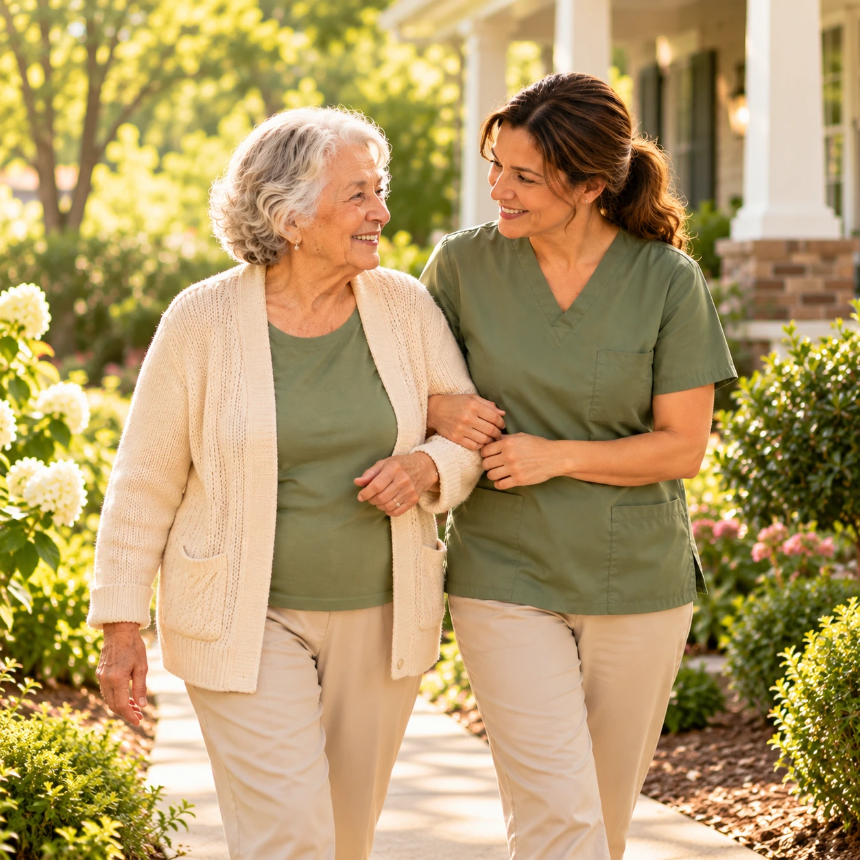 A senior resident and her caregiver walking arm in arm along a garden path