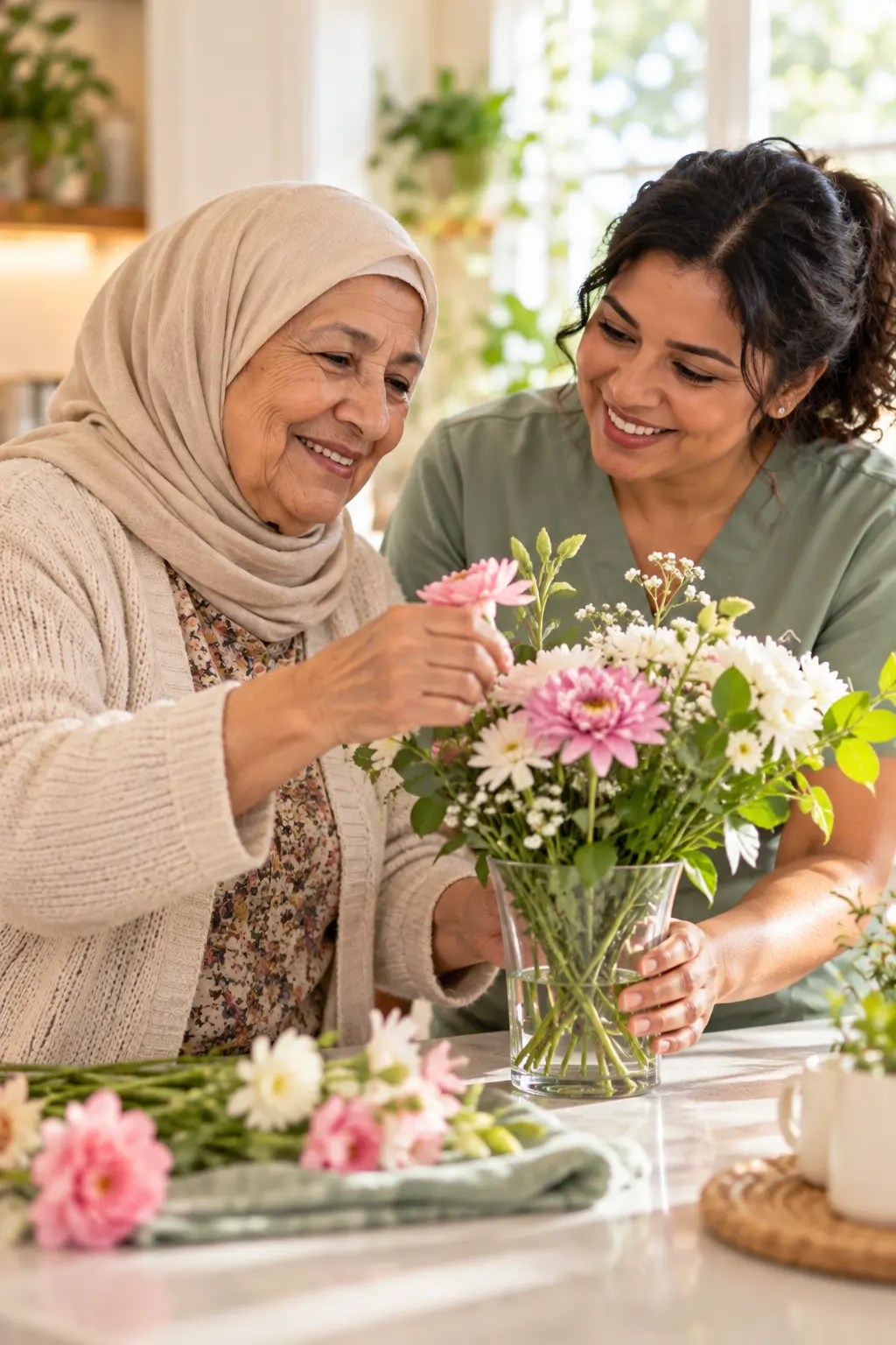 A senior resident and her caregiver arranging fresh flowers together in a sunny kitchen